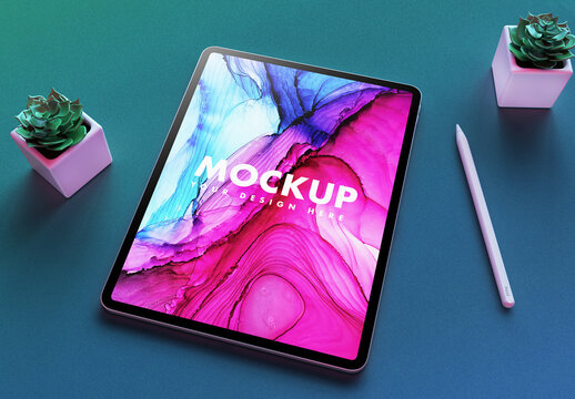 Tablet Mockup on a Clean Desk with Trendy Succulents Flowers