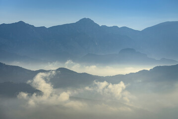 Moixeró mountain in a summer morning with low clouds over the Saldes Valley (Berguedà, Catalonia, Spain, Pyrenees)