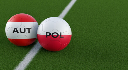 Austria vs. Poland Soccer Match - Leather balls in Austria and Poland national colors on a soccer field. Copy space on the right side - 3D Rendering 