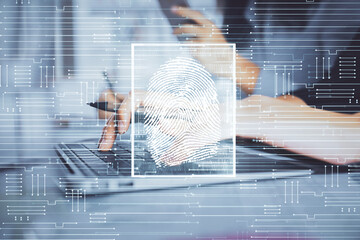 Double exposure of woman hands typing on computer and fingerprint drawing. Security concept.