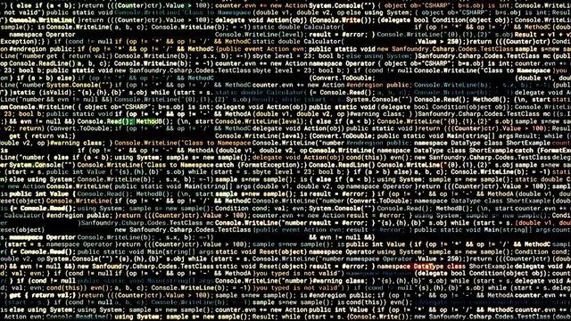 Abstract running from left to right random lines of a computer code. Animation. Complex description of a computer program on a black background, seamless loop.