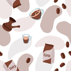 Coffee recepie seamless pattern. Espresso, americano, turkish coffee, ground coffee, coffee beans on pastel background. Stock vector illustration.