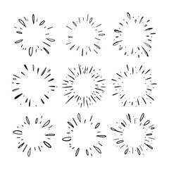 Star burst hand drawn doodles. Sunburst graphic design set. Handmade radial starburst illustrations.