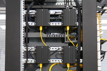 
Low-current rack of electronic equipment for the Internet and multiroom. 
Connecting wires using connectors and jacks.