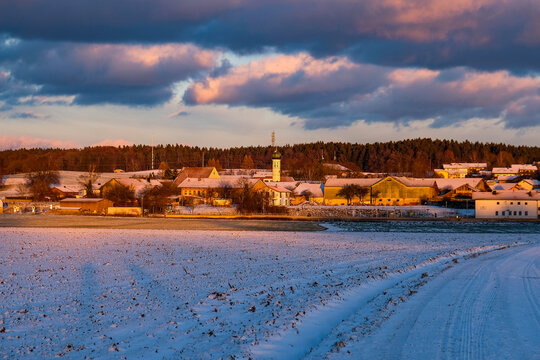 The last light over a small village in Bavaria, Germany