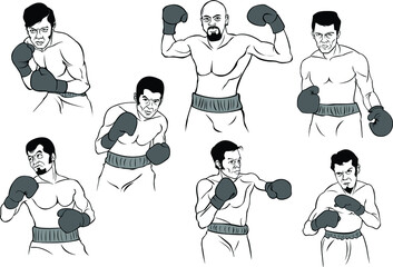 set illustration of boxing pose, hand drawing style