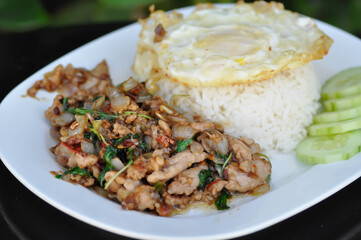 stir fried pork with holy basil , sunny side up egg and rice