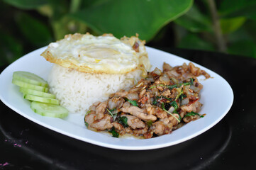 stir fried pork with holy basil , sunny side up egg and rice
