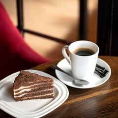 Piece of chocolate cake and cup of coffee. Dessert snack with white interlayers and cup of Americano on wooden table. Good morning concept. Coffee break.