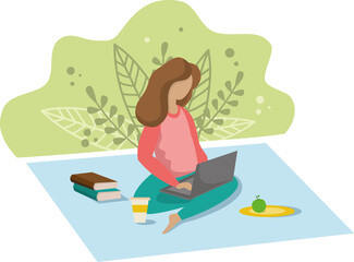 Woman with laptop sitting in nature and leaves. Concept illustration for working, freelancing, work from home. Vector image in flat cartoon style.