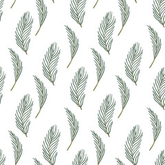Seamless pattern with green leaves, vector illustration in vintage watercolor style.