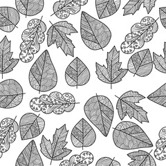 Doodle leaf seamless pattern with stripes and curls, patterned contour leaves on a white background