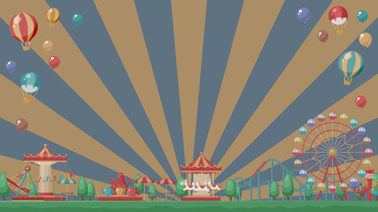 かわいい遊園地の背景_イラスト素材_レトロ_16:9