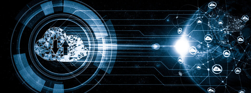 Cloud computing technology and online data storage in innovative perception . Cloud server data storage for global business network concept. Internet server service connection for cloud data transfer.