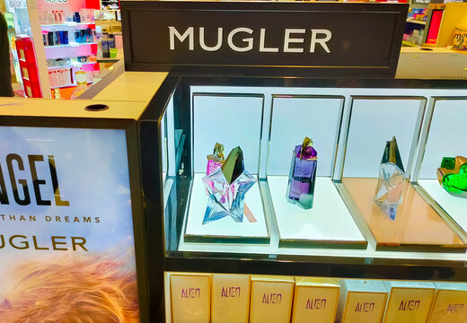 Antalya, Turkey - May 11, 2021: Shop display of different types of perfume Thierry Mugler