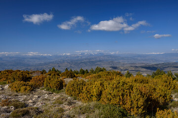 Pyrenees panoramic view from Coll d'Ares, in Montsec (Lleida province, Catalonia, Spain, Pyrenees)