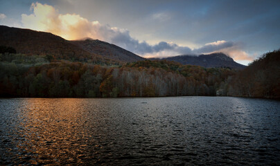 Santa Fe de Montseny Reservoir at sunset, in autumn (Montseny, Catalonia, Spain)