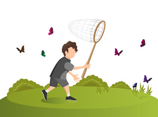 A child in a black shirt is sneaking around trying to catch a butterfly