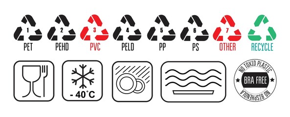 Food grade plastic labeling icons. Flat style illustration.
