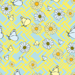 Vector green background daisy flowers, wild flowers and butterflies, insects. Seamless pattern background