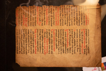Manuscript fragment from a leaf written in medieval times on vellum or parchment. These fragments...