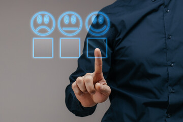 Businessman clicks great emoticon rating icon, business customer service rating and feedback rating...