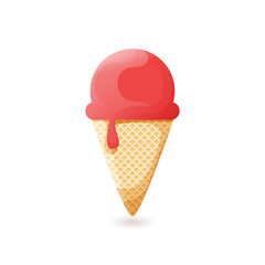 Czerwone lody w wafelku na białym tle. Roztapiający się słodki deser. Lód w rożku, jedna kulka - wzór tła, tapety lub element menu. Sorbet o smaku wiśniowym.