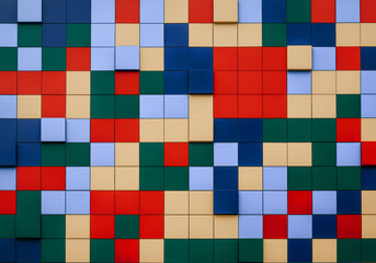 Abstract image.Red purple blue green white yellow blocks with different color variations. Horizontal position.