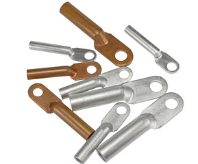 Electric terminals of different size on white