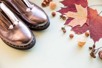 Pair of new woman shoes and boots stay on pastel background with falling autumn leaves, autumn...