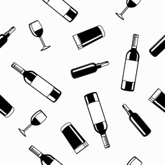 Drinks Pattern. Black and white seamless pattern or background with wine bottles, glasses and beer