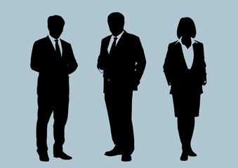 Business people group silhouettes pose on grey colour background, flat line vector and illustration.