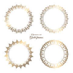 Gold frame round. Openwork ornament. Geometric set of four frames with gold pattern. Vector illustration. White background.