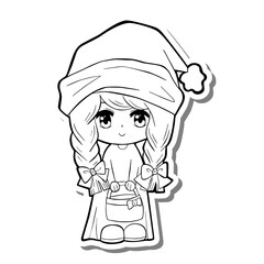 Black line a Cute Girl Gnome Anime style. This cartoon Chibi is on white silhouette and gray shadow. Character Doodle for coloring, decoration or any design. Vector illustration.