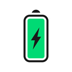 Charging  battery icon vector. Isolated in charge smartphone battery symbol on white background. Black and green battery sign with lightning bolt. Vector illustration.
