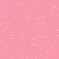 Gordijnen Seamless pattern with white clouds, sun and moon, rain and snow on pink background. Hand drawn contour sketch. Background for poster, cover booklet, banner, surface design. © Yaryna