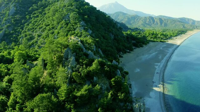 Aerial view of Cirali Beach near ancient Olympos ruins, city located in Antalya region, Turkey