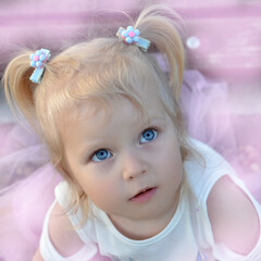 Portrait of a small beautiful blonde blue eyed girl