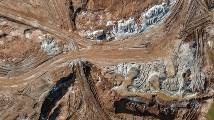 Aerial view to sand quarry, abstract earth patterns
