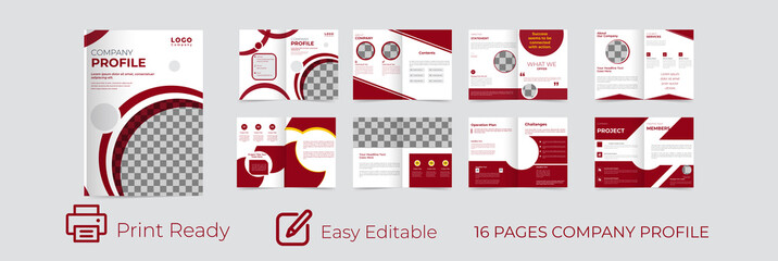 Brochure template layout design, company profile, minimal business brochure, red color shape design, annual report, editable template layout.