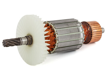 Rotor or of anchor electric motor closeup, isolated on white background