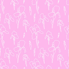 Beautiful iris flowers bloom in summer. Botanical seamless vector pattern for girls. Hand-drawn illustration on pink background for design of fabric, paper, notebooks. White plants in doodle style