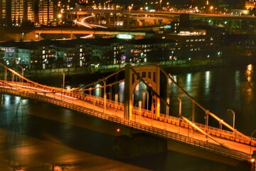 Traffic Lights on Andy Warhol Bridge at Night in Pittsburgh