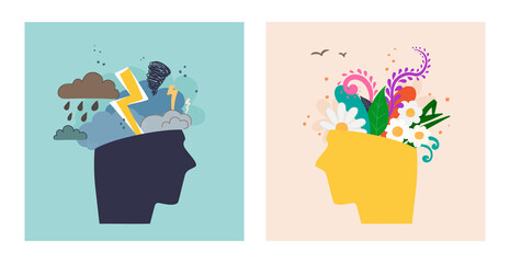 Two human heads expressing mental and psychological health. In one there is bad weather, clouds, lightning. In another, flower and plant. Before and after session of psychotherapy. Vector illustration