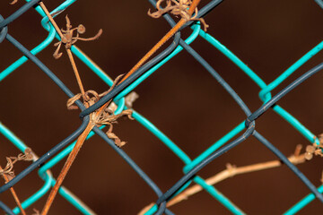 Close up of wire mesh illuminated by flash light, bluish colors on brown background.
