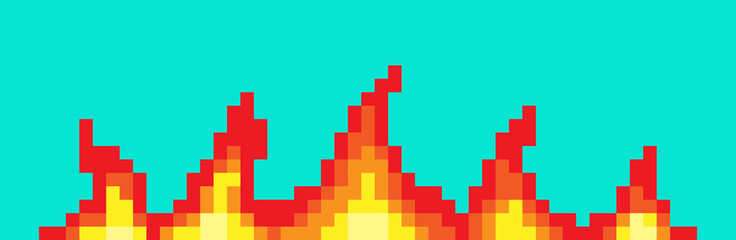 Pixel fire. Art 8 bit fire objects. Game icons set. Comic boom flame effects. Bang burst explode flash dynamite with smoke. Digital icons.