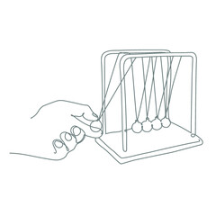 A single line drawing of Newton's Cradle, showing a hand dropping the first ball.