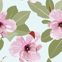 Seamless floral pattern with pink tropical magnolia flowers with leaves on blue background. Template design for textiles, interior, clothes, wallpaper. Botanical art. Engraving style.