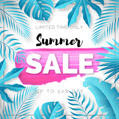 Summer sale exotic banner with tropical leaves