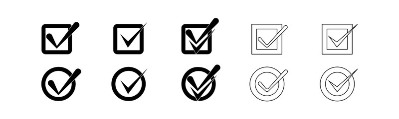 Black check mark icon, approved symbol circle and square together with tick . Vector Illustration checkmark set.
